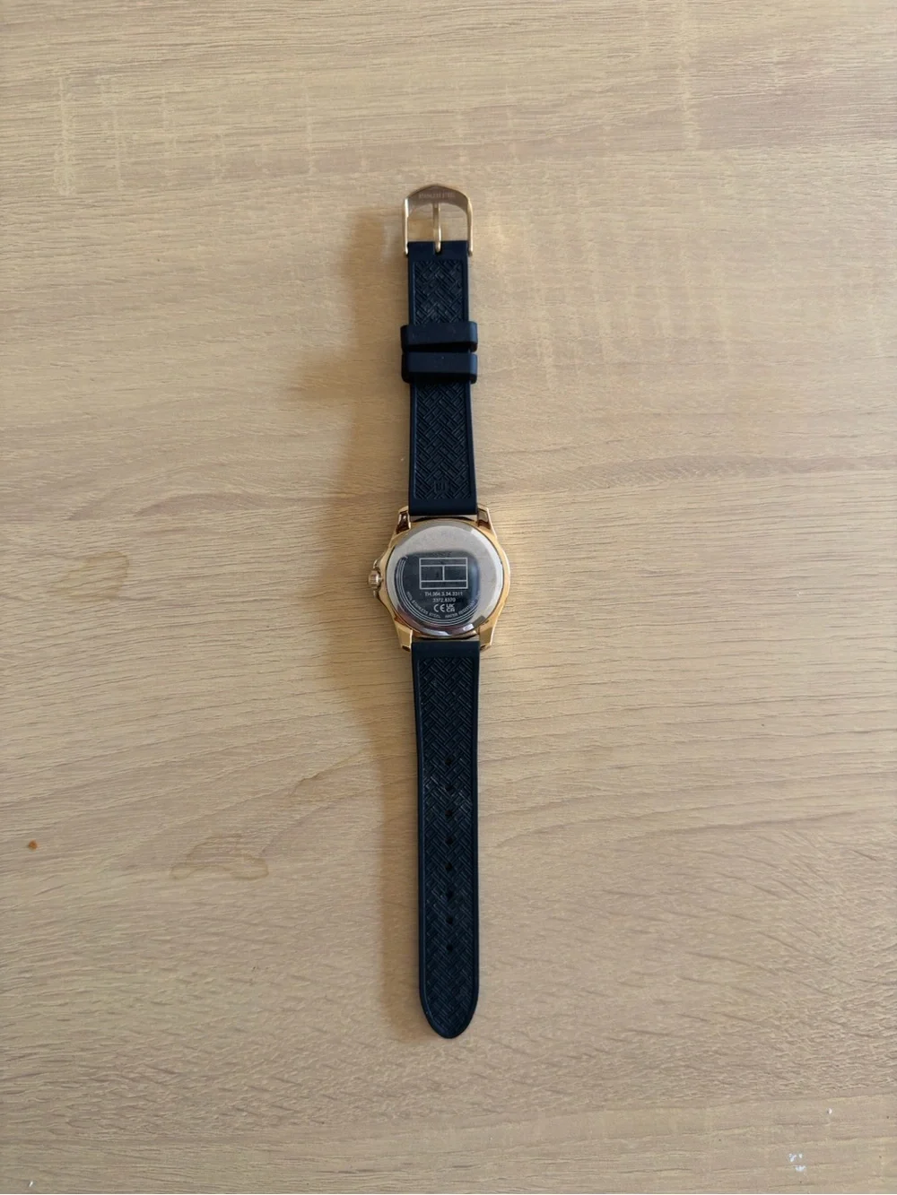 Tommy Hilfiger Blue and White Stripe Silicone Watch with Gold